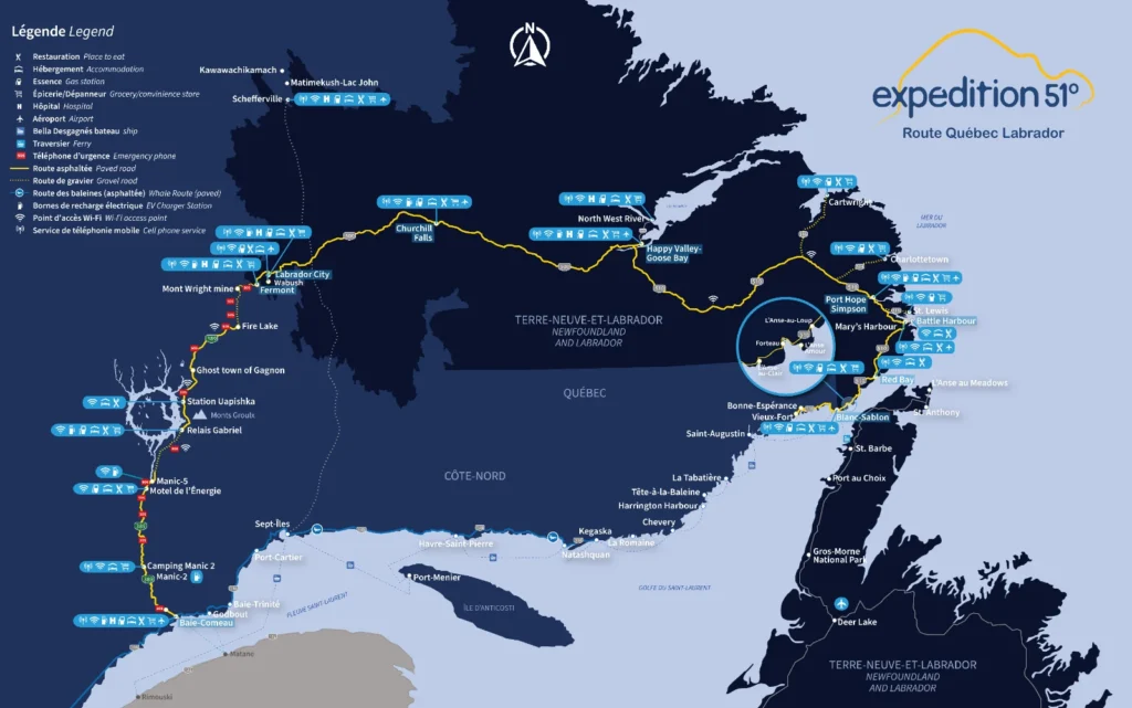 Carte officielle du circuit Expédition 51 : routes 389, 500, 510 et 138 entre la Côte-Nord et le Labrador