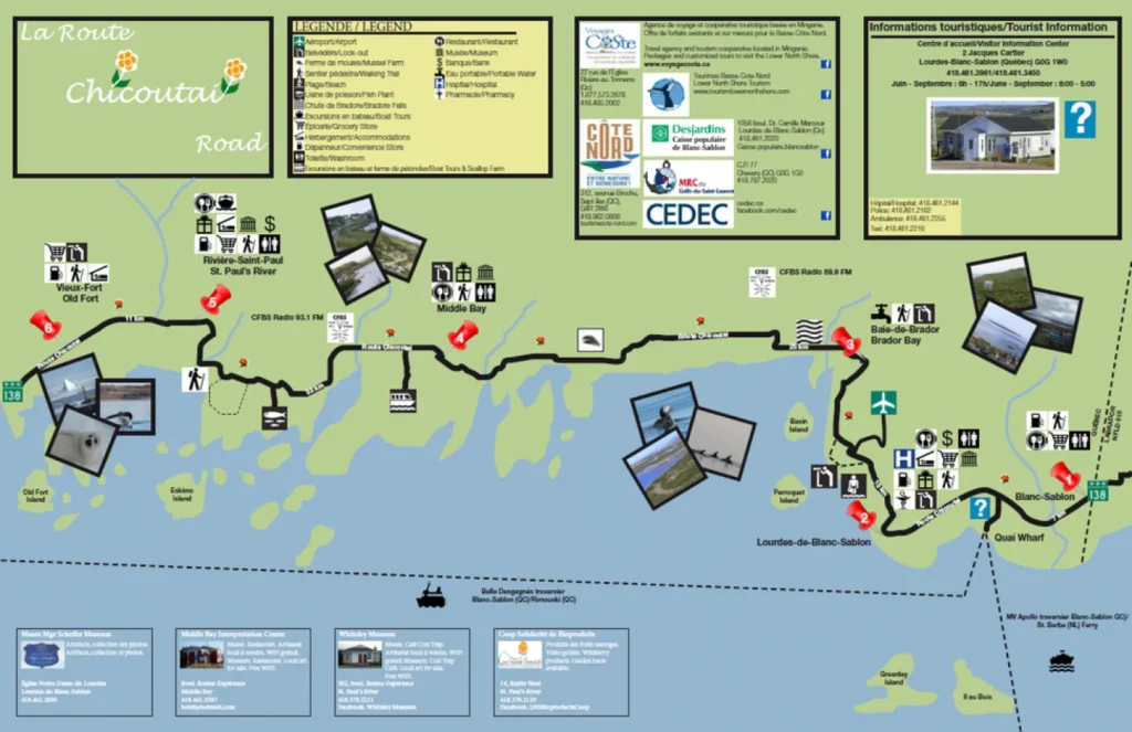 Carte touristique de la route panoramique de la Chicoutai, route 138 entre Blanc-Sablon et Vieux-Fort