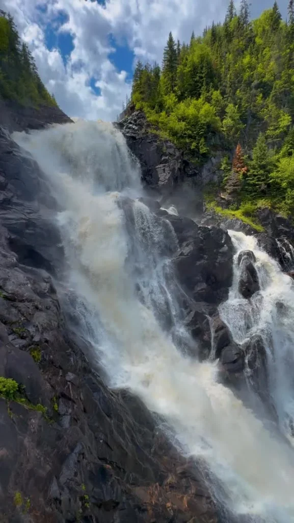 Chute d'eau qui dévale une paroi rocheuse en forêt