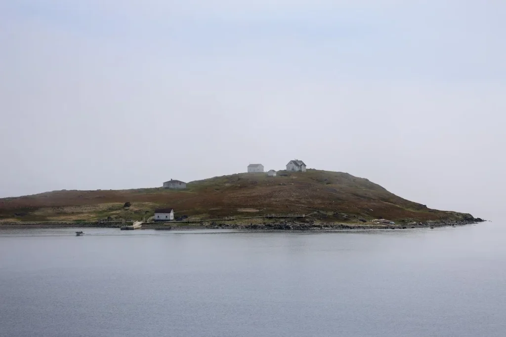 Île rocheuse dans la brume sur la côte du Labrador, près du détroit de Belle-Isle