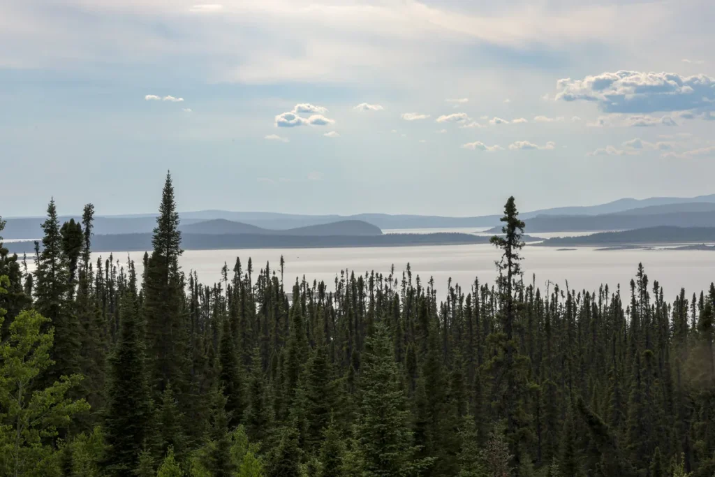 Réservoir Manicouagan et forêt boréale vus de la route 389, Expédition 51