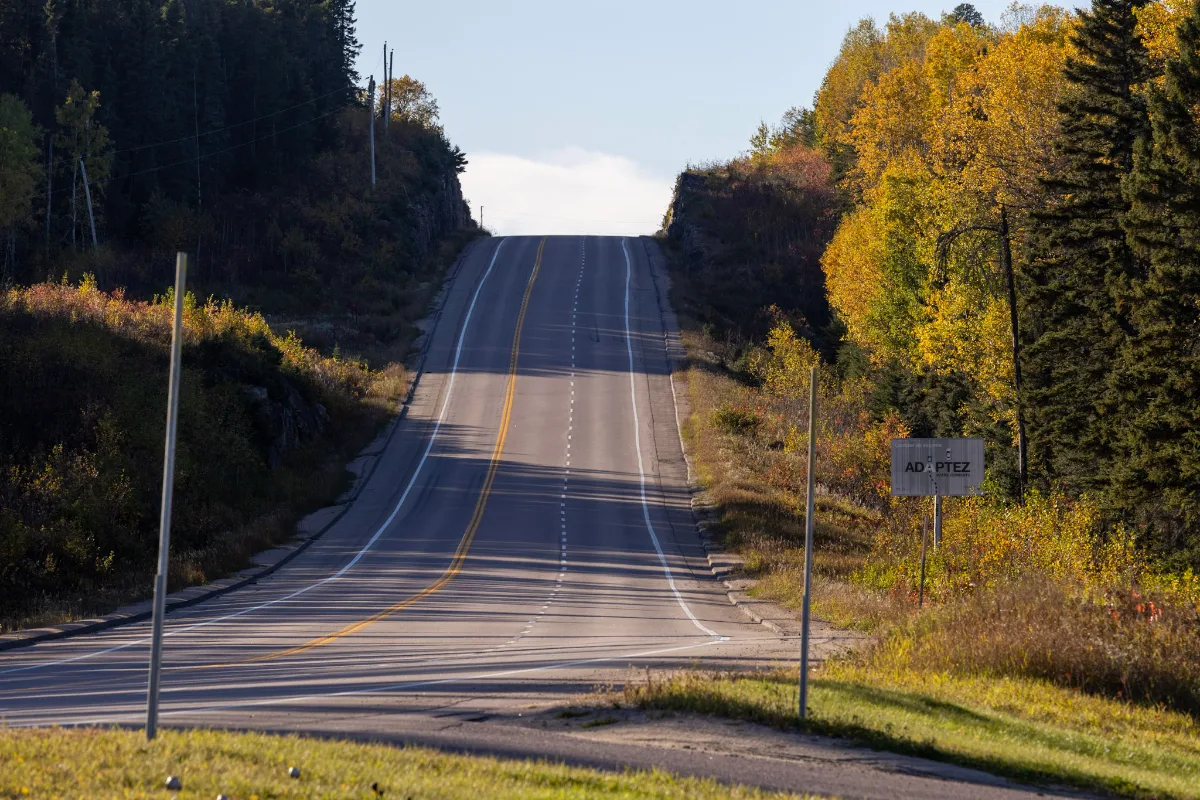 Route vallonnée entre les arbres d'automne au nord du Lac-Saint-Jean